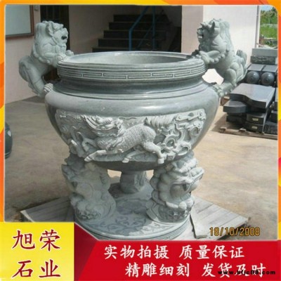現貨石雕圓形香爐 雙耳三足四柱石雕香爐 寺廟青石燒香石鼎