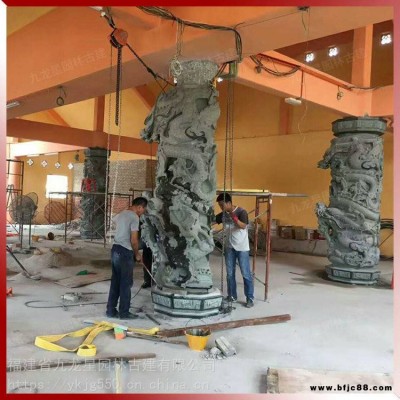 寺廟龍柱半圓柱石材內(nèi)弧掏空浮雕龍包邊柱石雕上等羅源青石加工