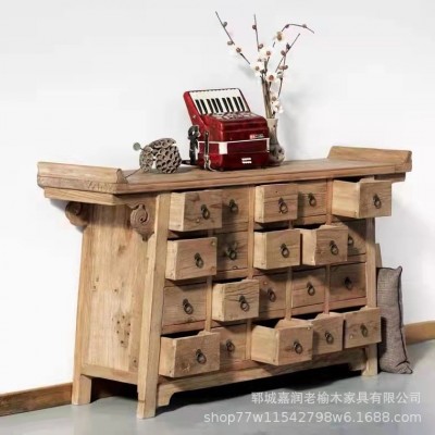 新中式老榆木茶水柜實木家具免漆置物柜風(fēng)化榆木餐邊柜禪意柜